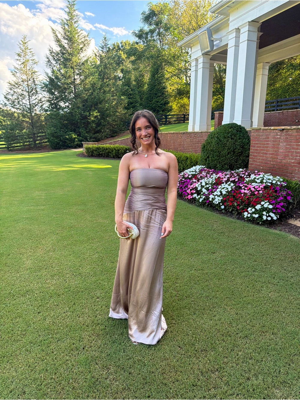 Meshki Serena Strapless Satin Gown in Bronze Taupe
